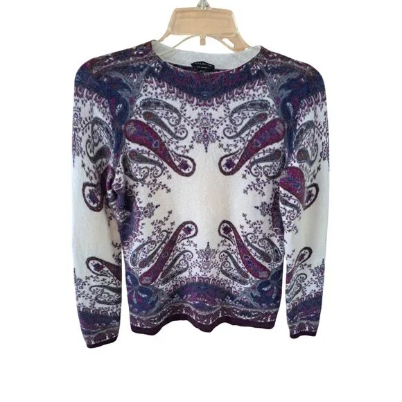Talbots Cashmere Paisley Sweater Soft Purple Navy White Women's Med Luxury - Picture 2 of 8